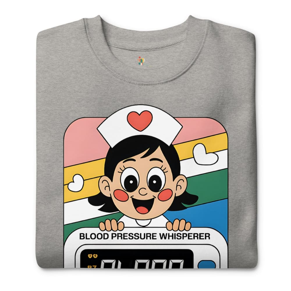 Gray sweatshirt with a cartoon character and text on a white background