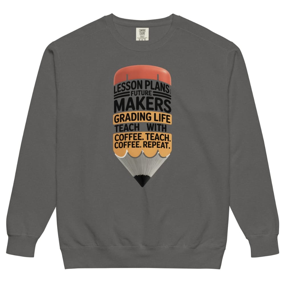 Gray sweatshirt with a graphic design and text on a white background