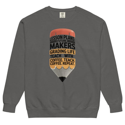 Gray sweatshirt with a graphic design and text on a white background