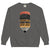 Gray sweatshirt with a graphic design and text on a white background