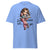 Light blue t-shirt with a cartoon character and text on a white background