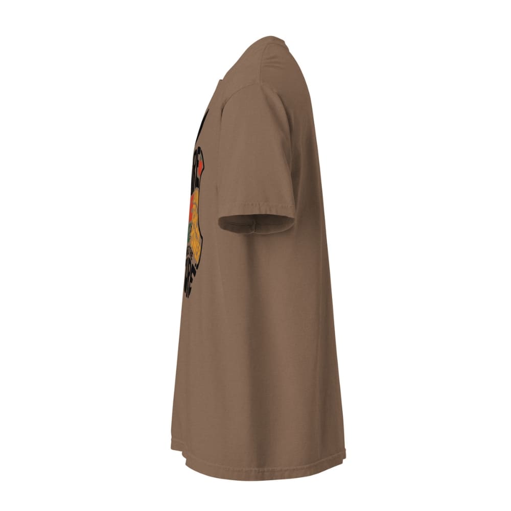 Brown t-shirt with a colorful graphic on the sleeve against a white background