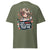 Green t-shirt with a graphic design and text on a white background