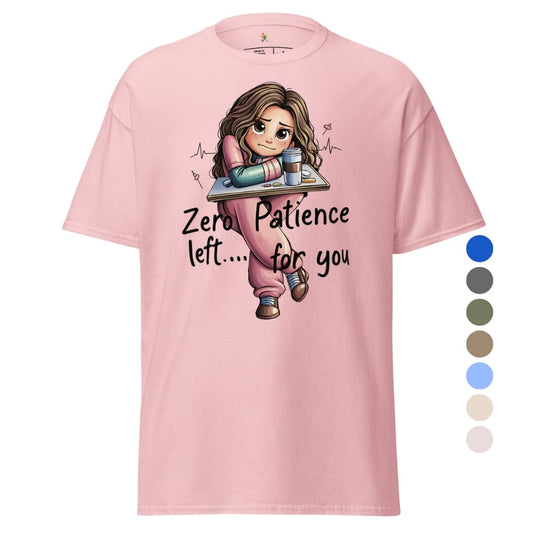 Pink t-shirt with a cartoon character and text on a white background