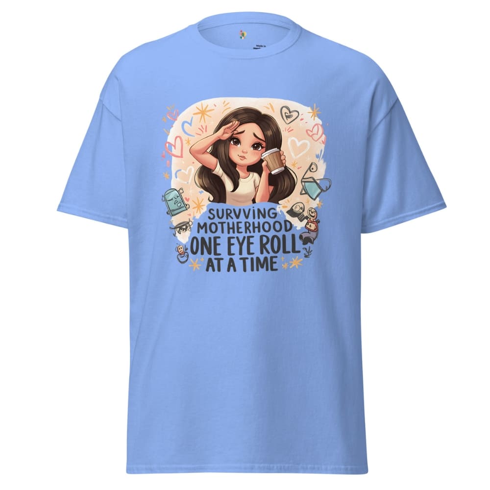 Light blue t-shirt with a graphic design and text on a white background