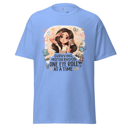 Light blue t-shirt with a graphic design and text on a white background