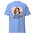 Light blue t-shirt with a graphic design and text on a white background