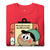 Red t-shirt with cartoon character and text on a white background