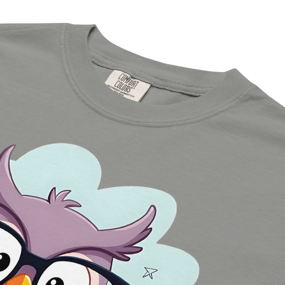 Cute purple owl with glasses sitting on stacked books, with quote "Teach. Inspire. Repeat." – printed on a teacher t-shirt