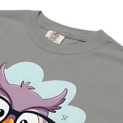 Cute purple owl with glasses sitting on stacked books, with quote "Teach. Inspire. Repeat." – printed on a teacher t-shirt