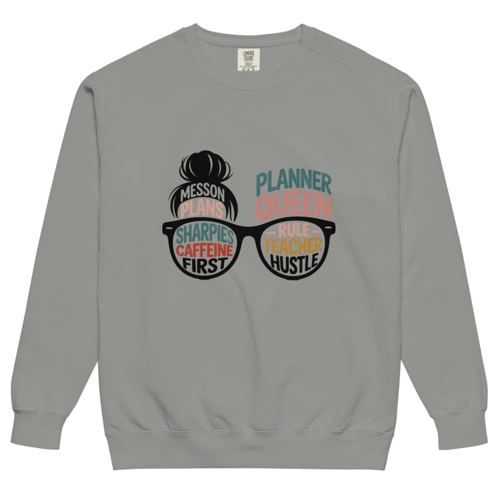 Gray sweatshirt with graphic design of sunglasses and text on a white background