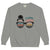 Gray sweatshirt with graphic design of sunglasses and text on a white background