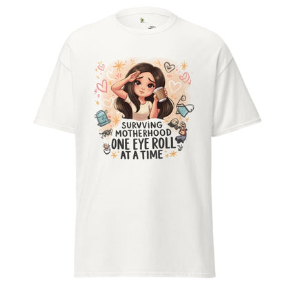 White t-shirt with a graphic design of a woman and text on a white background