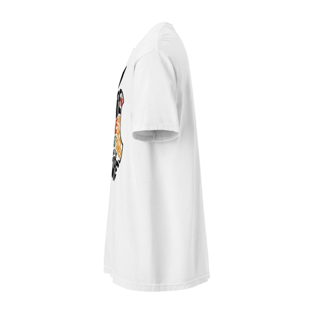 White t-shirt with a colorful graphic on the sleeve against a white background