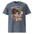 Blue t-shirt with a graphic of a woman holding a coffee cup and text 'Decaf? That's Mom Abuse.' on a white background.