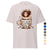 T-shirt with a graphic of a person holding a coffee cup and text, displayed on a white background with color options.