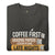 Black t-shirt with text 'Coffee First, Grading Papers, Lesson Plans, Late Nights' on a white background