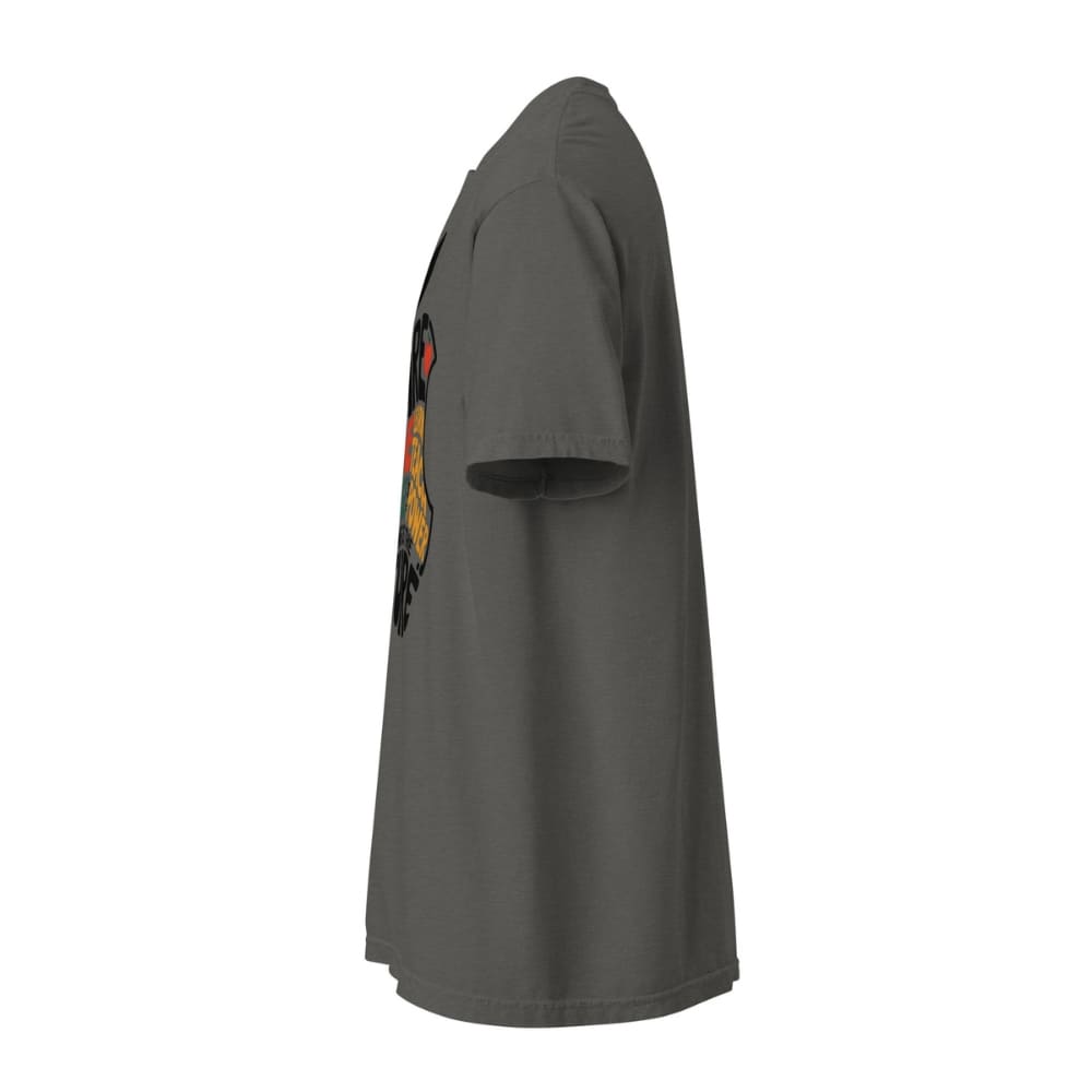 Gray t-shirt with a colorful graphic on the sleeve against a white background