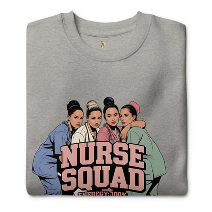 Gray t-shirt with 'Nurse Squad' graphic featuring four women on a white background