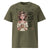 Khaki  t-shirt with a graphic of a woman holding a mug and text on a white background