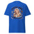 Blue t-shirt with a graphic of a woman holding a coffee cup and text 'Mornin' Hard, Caffeinating Harder' on a white background.