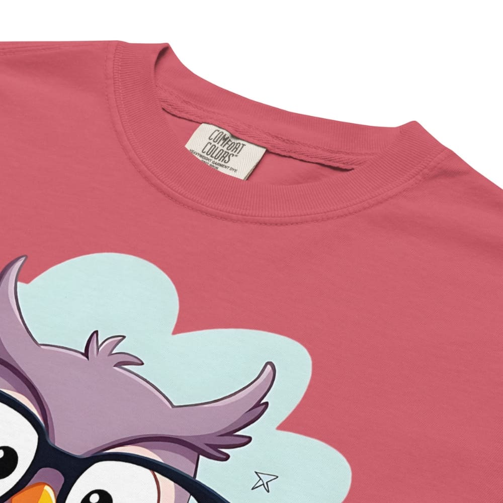 Cute purple owl with glasses sitting on stacked books, with quote "Teach. Inspire. Repeat." – printed on a teacher t-shirt