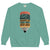 Teal sweatshirt with a graphic design and text on a white background