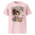 Pink t-shirt with a cartoon character holding a coffee cup and text on a white background