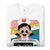 White t-shirt with a cartoon character and text on a white background