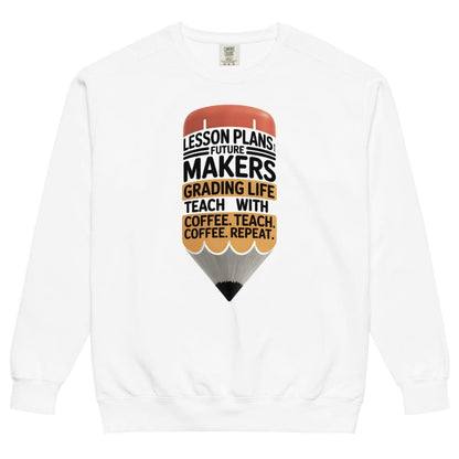 White sweatshirt with a graphic design and text on a white background