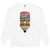 White sweatshirt with a graphic design and text on a white background