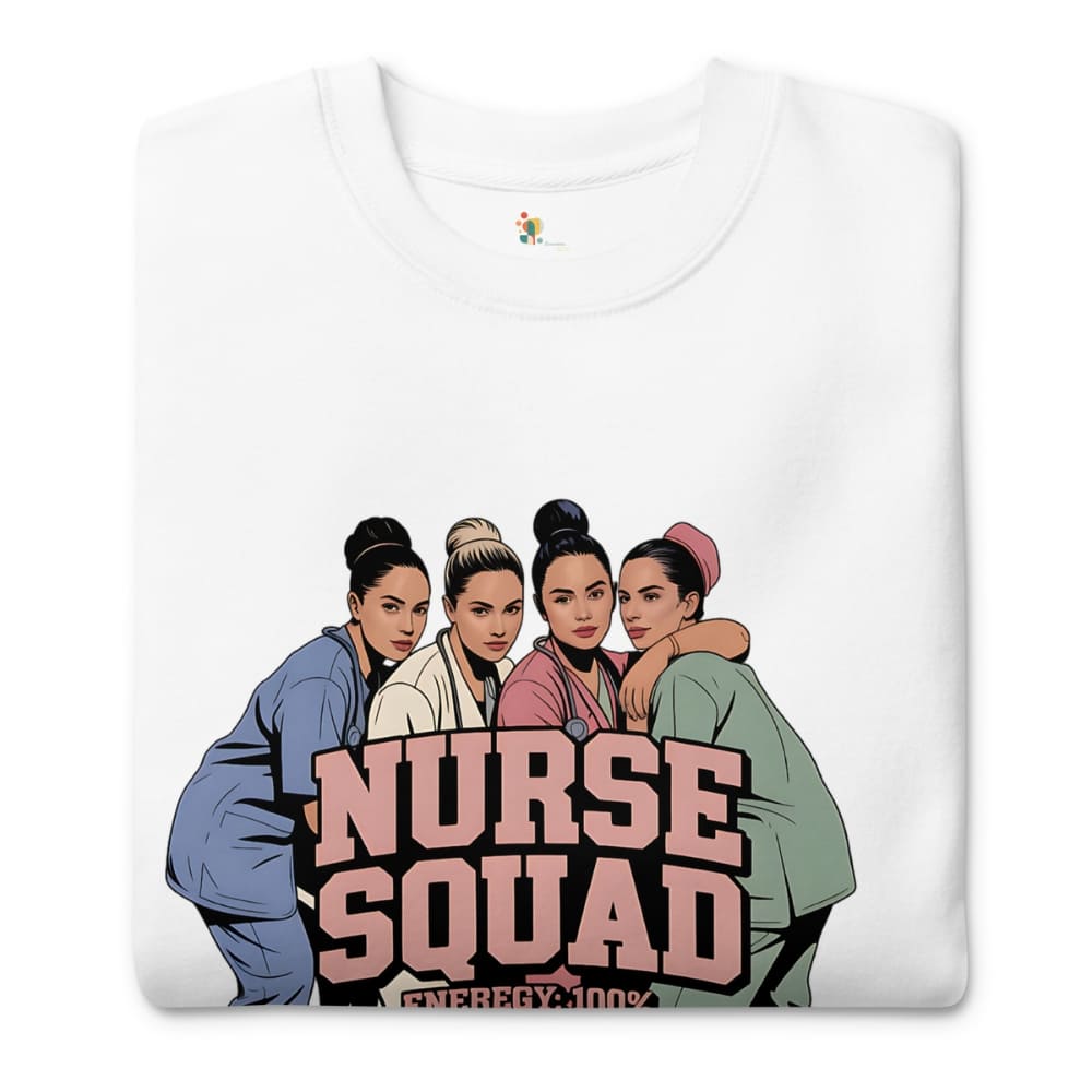 White t-shirt with 'Nurse Squad' graphic design featuring four women in colorful outfits on a white background.