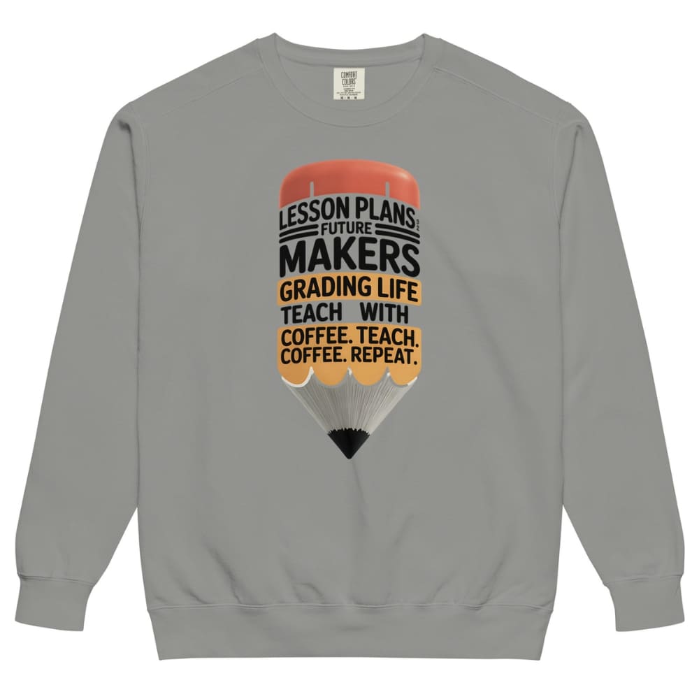 Gray sweatshirt with a graphic design and text on a white background