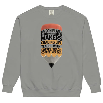 Gray sweatshirt with a graphic design and text on a white background