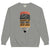 Gray sweatshirt with a graphic design and text on a white background
