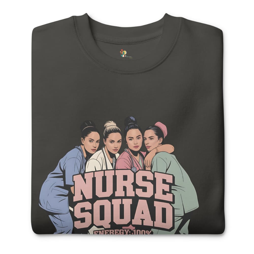 Black t-shirt with 'Nurse Squad' graphic design on a white background
