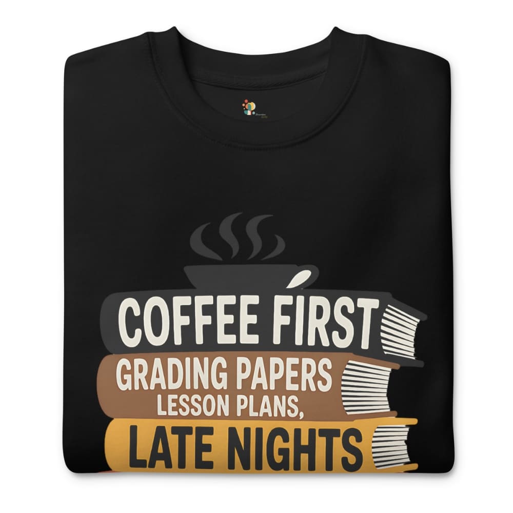 Black t-shirt with 'Coffee First, Grading Papers, Lesson Plans, Late Nights' design on a white background