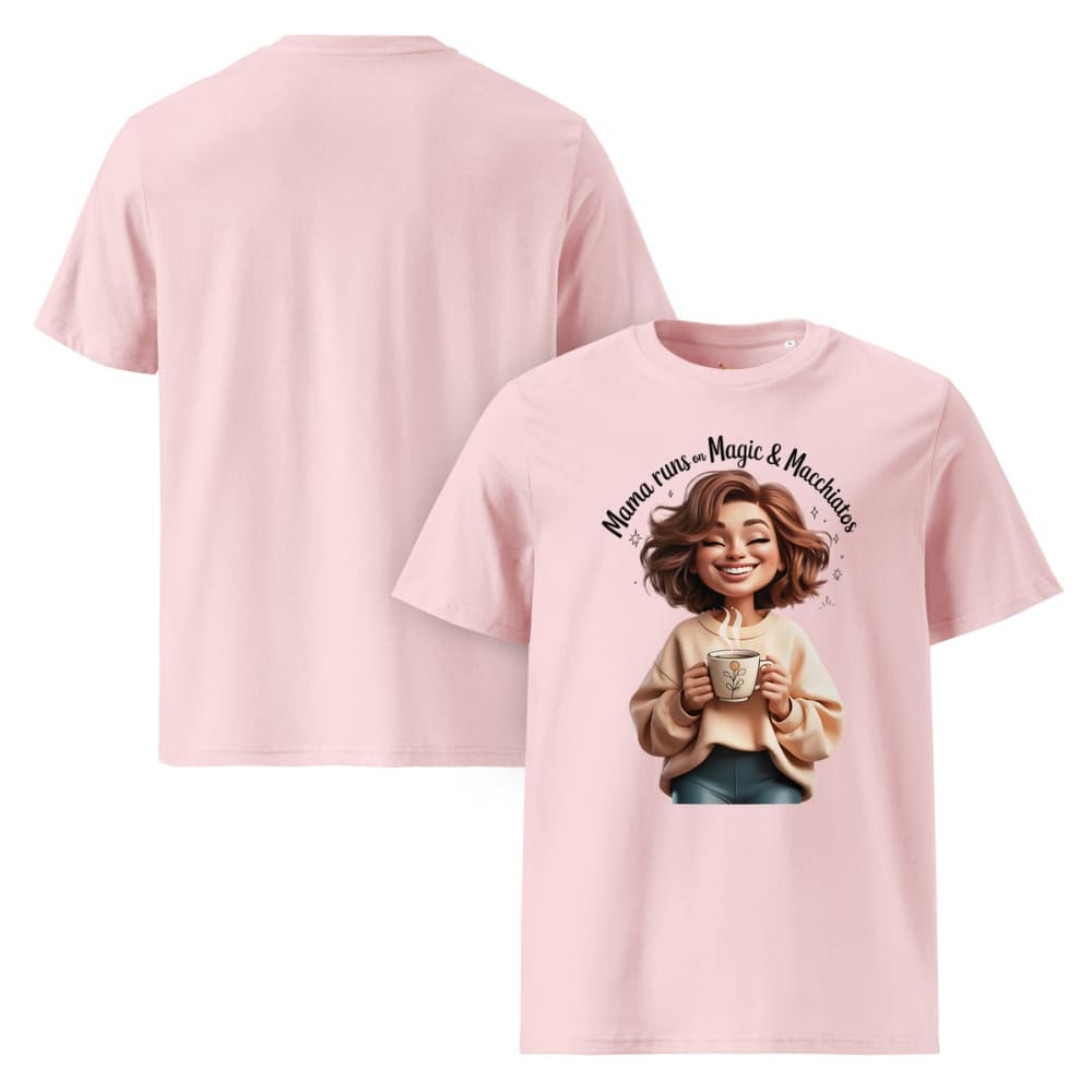 Pink t-shirt with a graphic of a woman holding a mug and text 'Mama runs the magic & macarons' on a white background.