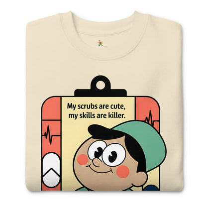 Beige t-shirt with cartoon character and text on a white background