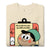 Beige t-shirt with cartoon character and text on a white background