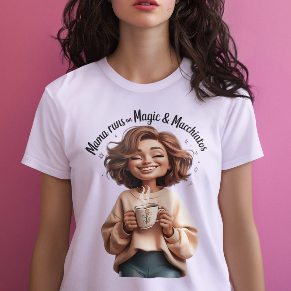 White t-shirt with a graphic of a woman holding a coffee cup and text on a pink background