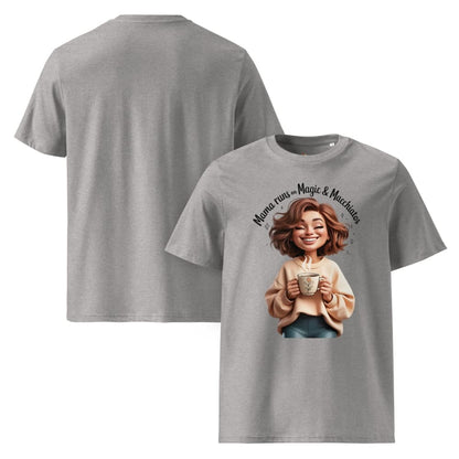 Gray t-shirt with a graphic of a woman holding a coffee cup and text 'Mama runs the magic & macchiatos' on a white background.