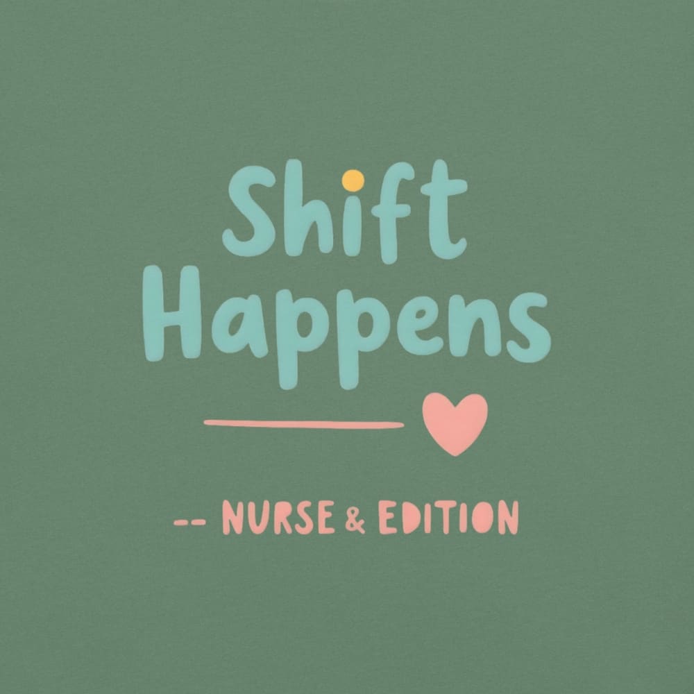 “Shift Happens – Nurse Edition” pastel text design printed on a thick garment-dyed cotton t-shirt, perfect for nurses and healthcare professionals with a sense of humor.