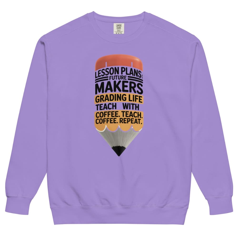 Purple sweatshirt with a graphic design and text on a white background
