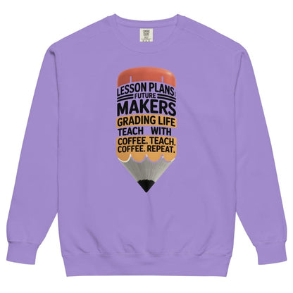 Purple sweatshirt with a graphic design and text on a white background
