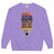 Purple sweatshirt with a graphic design and text on a white background