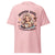 Pink t-shirt with a graphic of a woman holding a coffee cup and text 'Mommin' Hard. Caffeinatin' Harder.