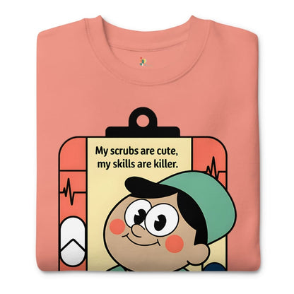 Folded pink t-shirt with cartoon character and text on a white background