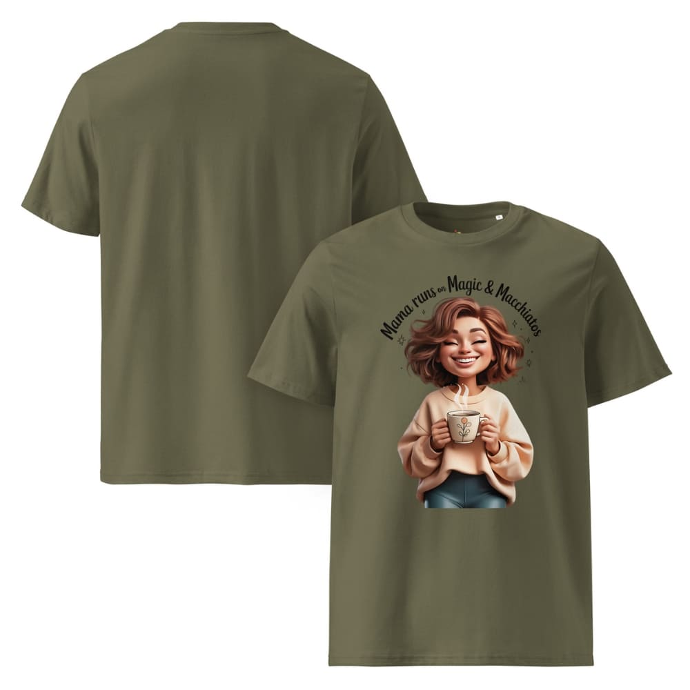 Green t-shirt with a graphic of a woman holding a mug and text 'Mama runs on magic & macchiatos' on a white background.