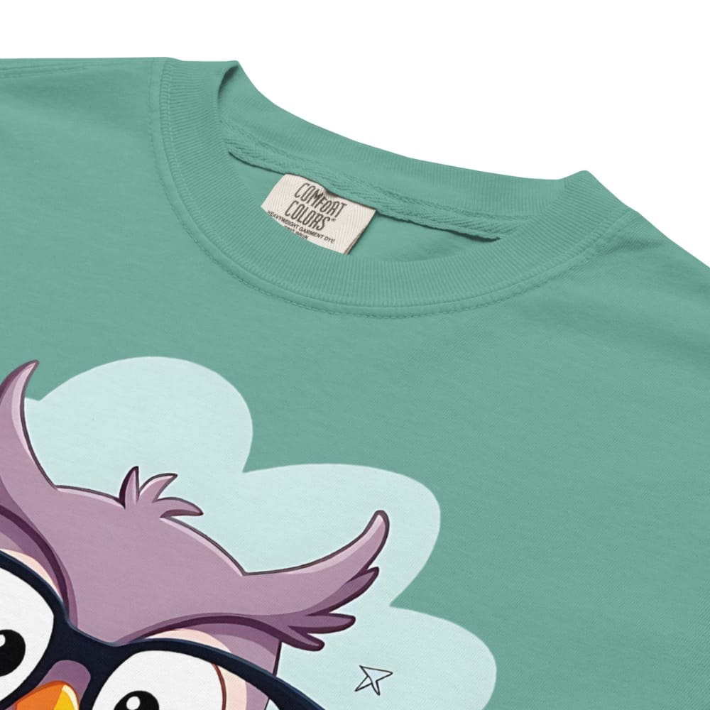 Cute purple owl with glasses sitting on stacked books, with quote "Teach. Inspire. Repeat." – printed on a teacher t-shirt